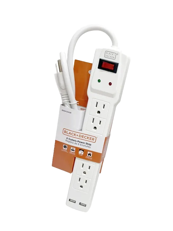 Black &amp; Decker 6-Outlet Power Strip 3 Ft. with 2 USB-A, White
