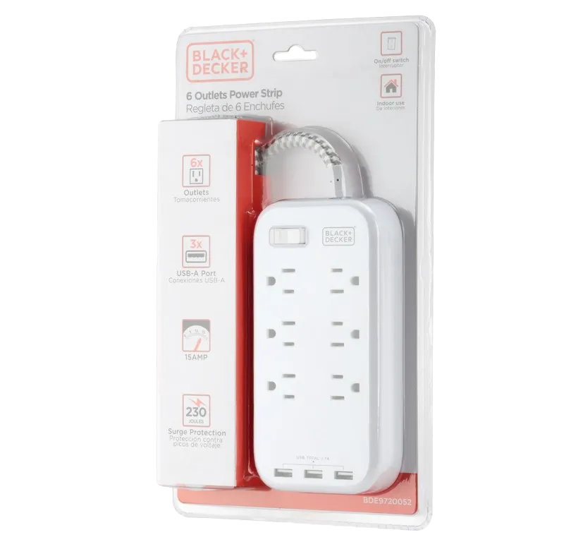 Black &amp; Decker 6-Outlet Power Strip 3 USB-A, White