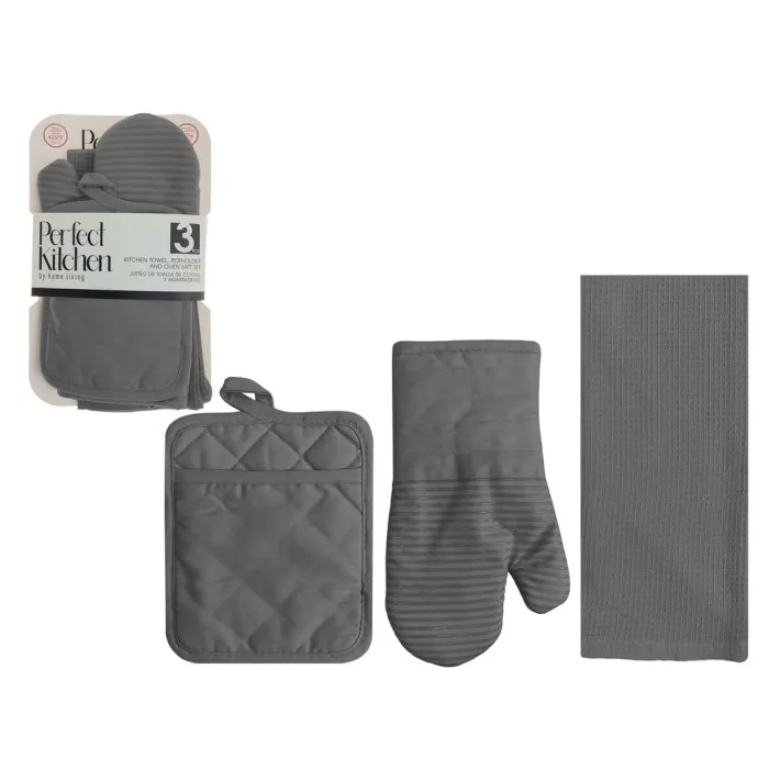 Perfect Kitchen 3pc Set - Oven Mitt, Potholder, Dish Towel, Grey